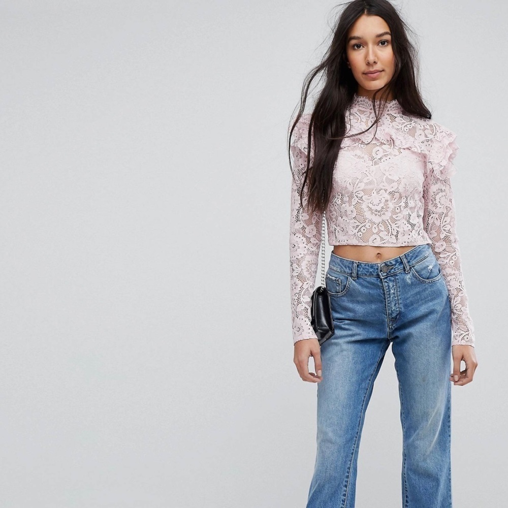 ASOS DESIGN lace crop ruffle sleeve top olive green breathable cropped sexy Sz 6 - Picture 2 of 7